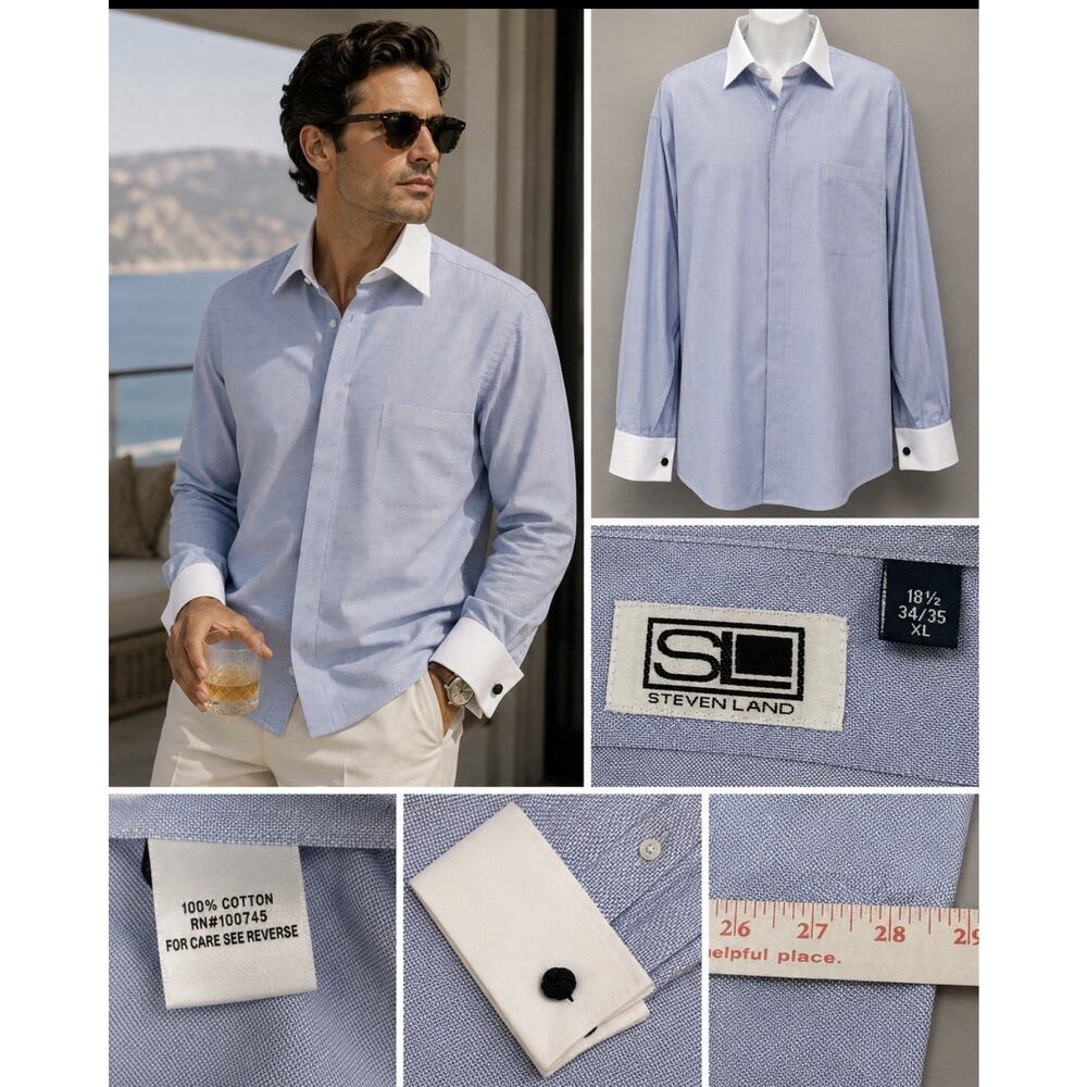 Steven Land Men’s 18.5 34/35 French Cuff Dress Shirt Blue White Contrast NWT